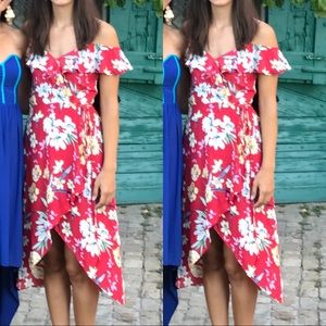 Red floral wrap dress
